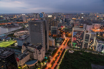 Aerial skyline view of Hanoi cityscape at twilight in Cau Giay district, Hanoi