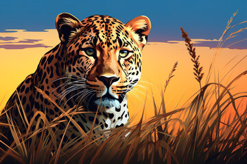 Leopard in the meadow. Wild Animals, Illustration, Generative AI.