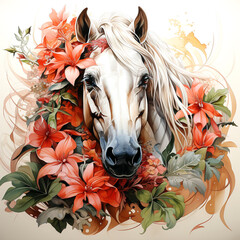 Image of a horse head with colorful tropical flowers. Farm animals., Mammals.
