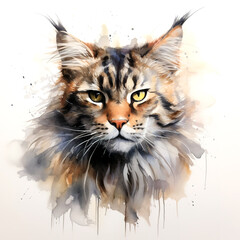 Watercolor painting of main coon cat head on a clean background. Pet. Animals. Illustration, Generative AI.