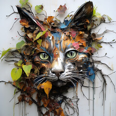 Sculpture and painting street art of cat head full of colorful colors and covered with leaves and grass. on the old wall. Pet. Animals. Illustration, Generative AI.