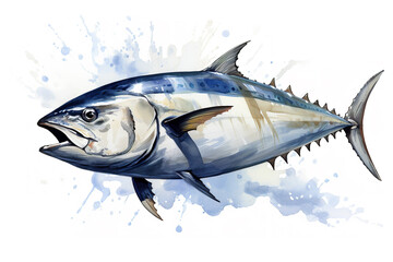 Watercolor painting of skipjack tuna on white background. Fish. Food. Undersea animals. Illustration, Generative AI.