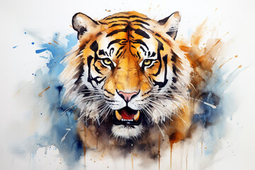 Watercolor painting of tiger on a clean background. Wildlife Animals. Illustration, Generative AI.
