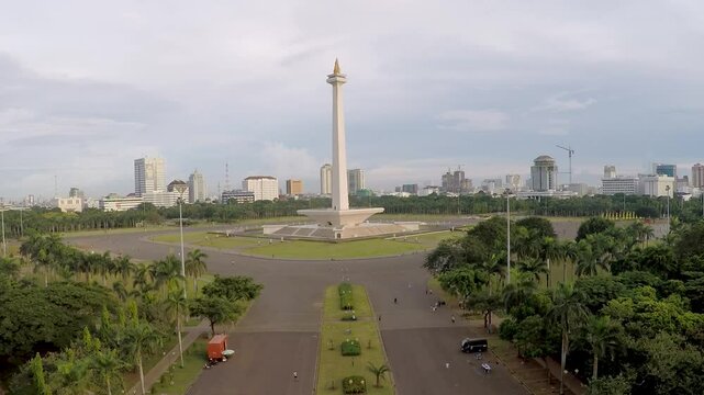 Aerial View of The National Monument in Jakarta, Indonesia on a Cloudy Afternoon