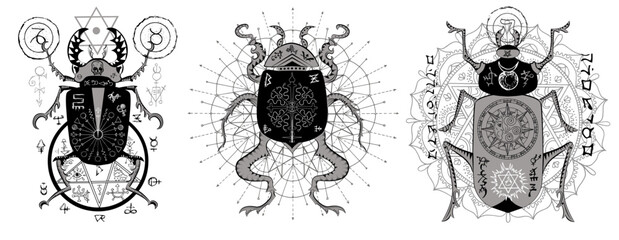 Design vector set with mystic decorated bugs and esoteric symbols isolated on white, hand drawn line art. No foreign language, all signs are fantasy ones. 