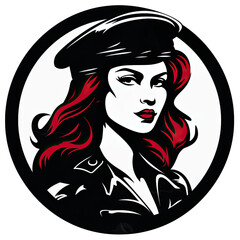 A logo of a woman soldier with red hair wearing a black beret within a circle - obrazy, fototapety, plakaty