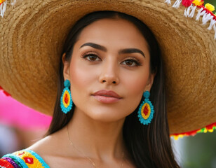 portrait of a mexican woman wearing a straw hat