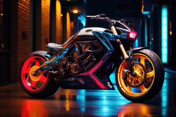 futuristic motor bike adorned with vibrant neon lights, glowing design and innovative features...