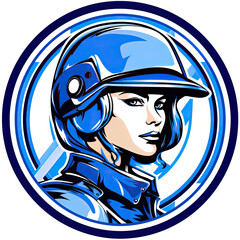 A logo of a woman soldier with a blue helmet within a circle - obrazy, fototapety, plakaty