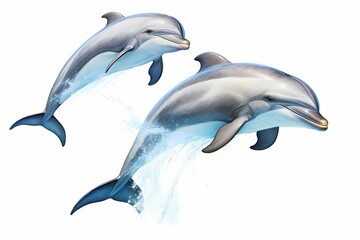 A pair of playful dolphins jumping in synchronized harmony, isolated on white solid background - obrazy, fototapety, plakaty
