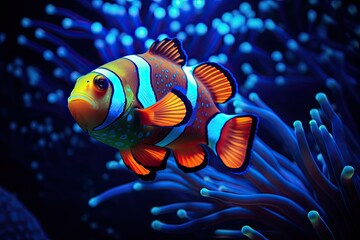 clownfish under water, the tranquil blue neon light accentuating unique colors and bubbles