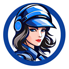 A logo of a woman soldier with a blue hat within a circle - obrazy, fototapety, plakaty