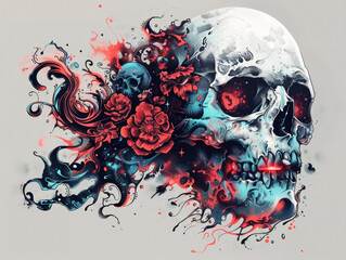 Abstract skull with red and blue fluid-like forms and flowers, ai generated,