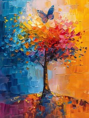 Colorful abstract of a tree and butterfly, oil paint with palette knife, on a lively background, highlighted with dramatic lighting