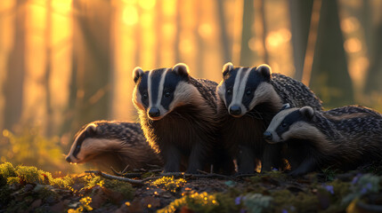 Badgers standing in the forest in the evening with setting sun shining. Group of wild animals in nature.