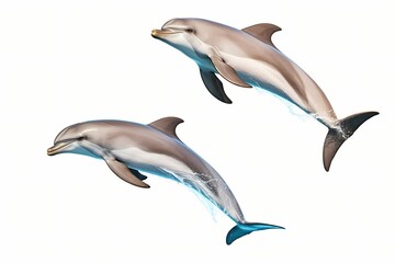 A pair of playful dolphins jumping in synchronized harmony, isolated on white solid background