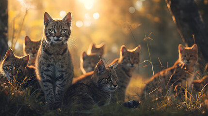Wild cat family in the forest in the summer evening with setting sun. Group of wild animals in...