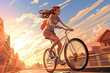girl cycling in the sunlight urban environment, architecture street elements shadows, girl in dynamic motion on her bicycle Illustration, realistic vector art cityscape details