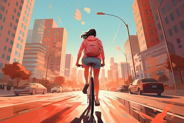 girl cycling in the sunlight urban environment, architecture street elements shadows, girl in dynamic motion on her bicycle Illustration, realistic vector art cityscape details