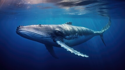 Blue Whale gracefully swimming in the deep blue ocean, sunlight penetrating water, rays around the...