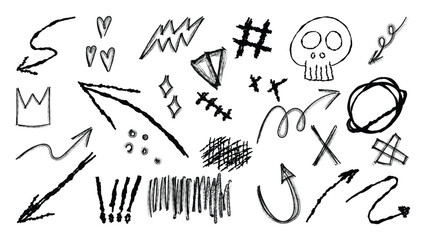 Set of cute pen line doodle element vector. Hand drawn doodle style collection of heart, arrows, scribble, speech bubble, skull. Design for print, cartoon, card, decoration, sticker.
