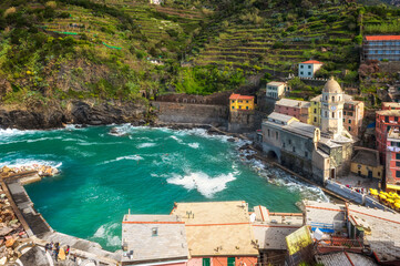 Beautiful view of Vernazza - one of five famous colorful villages of Cinque Terre National Park in Italy, Liguria region.