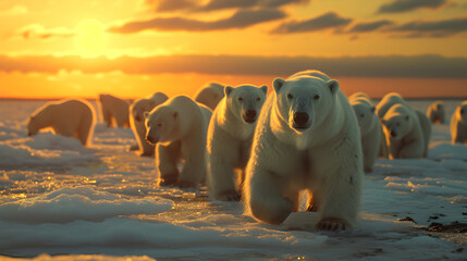 Polar bear family in the arctic region with setting sun shining. Group of wild animals in nature.