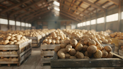 Potatoes harvested in wooden boxes in a warehouse. Natural organic fruit abundance. Healthy and natural food storing and shipping concept.