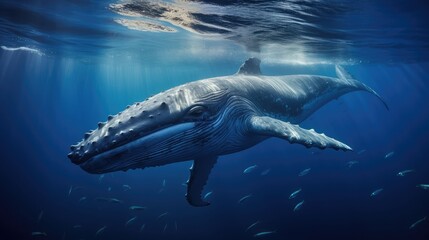 Blue Whale gracefully swimming in the deep blue ocean, sunlight penetrating water, rays around the whale, whales barnacle, eye expression and water droplets