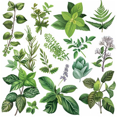 Set of illustration featuring a various of plant on white background, Generative AI	