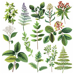 Fototapeta na wymiar Set of illustration featuring a various of plant on white background, Generative AI 
