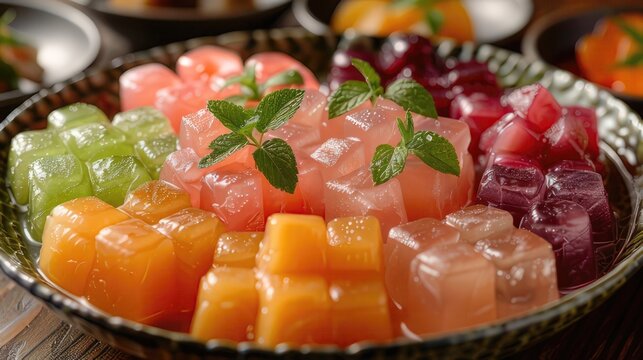 Anmitsu: A traditional Japanese dessert consisting of agar jelly cubes, sweet red bean paste, fruits, and a sweet syrup called mitsumame