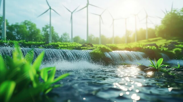 dynamic composition of various renewable energy sources such as wind, solar, and hydropower in a harmonious setting