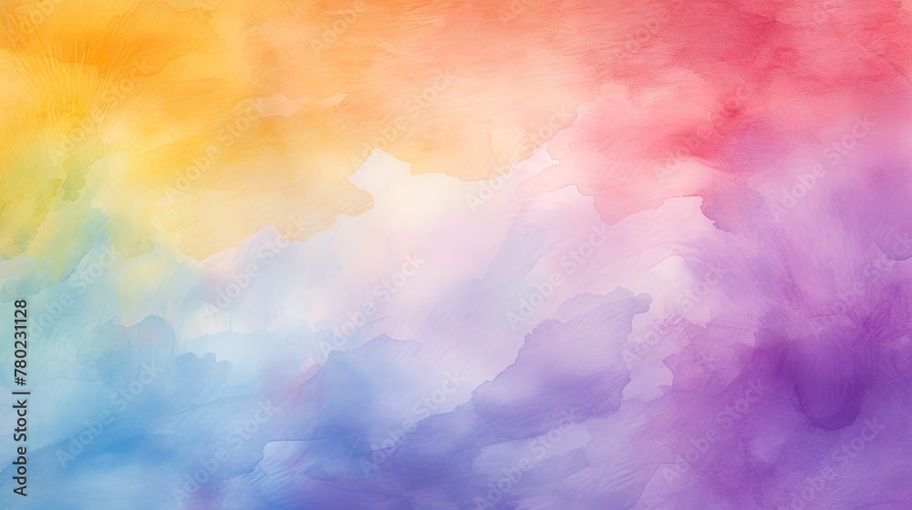 Poster watercolor rainbow background with vibrant, blended hues seamlessly transitioning from red to violet, creating a harmonious and uplifting atmosphere, Watercolor painting background