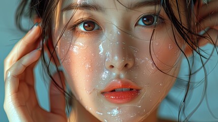 an asia woman in studio, maybe she has typical face shape of korean or japanese, who has a smooth, glass healthy and glowing raw skin face look like , long black hair. She is closing her eyes when hol - obrazy, fototapety, plakaty