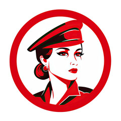 A logo of a woman soldier with a red hat on a white background within a circle - obrazy, fototapety, plakaty