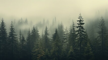 misty landscape featuring a fir forest, captured in vintage retro style photography, where the soft...