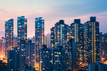 A modern urban skyline at dusk