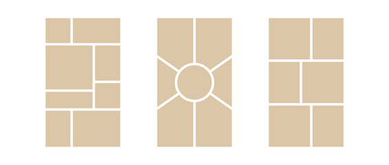 Image collage layout template. Beige mosaic mood board grid collection. Picture frame set. Photo album idea for banner, poster, comic page, flyer, brochure, booklet, memory wall design. Vector pack