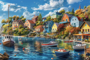 A picturesque coastal village with colorful houses fishing boats