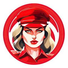 A logo of a woman soldier with a red hat and blonde hair looking at the camera - obrazy, fototapety, plakaty