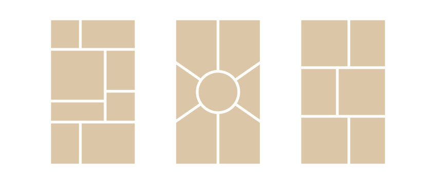 Image collage layout template. Beige mosaic mood board grid collection. Picture frame set. Photo album idea for banner, poster, comic page, flyer, brochure, booklet, memory wall design. Vector pack