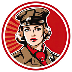 A logo of a woman soldier with a brown hat looking at the camera within a circle - obrazy, fototapety, plakaty