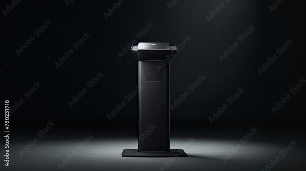 Poster matte black podium with subtle built-in LED lighting, showcasing a high-end tech gadget, minimalist design with sharp angles, emphasizing the product's sophistication and cutting-edge features