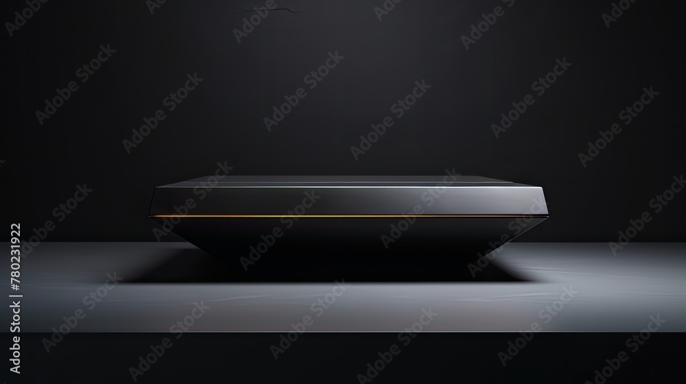 Aufkleber matte black podium with subtle built-in LED lighting, showcasing a high-end tech gadget, minimalist design with sharp angles, emphasizing the product's sophistication and cutting-edge features