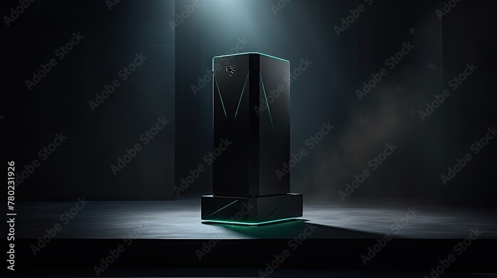 Poster matte black podium with subtle built-in LED lighting, showcasing a high-end tech gadget, minimalist design with sharp angles, emphasizing the product's sophistication and cutting-edge features