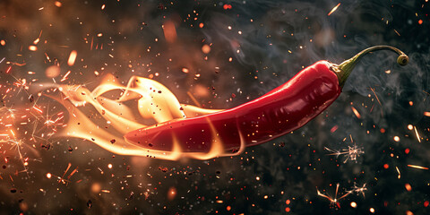 red chili pepper with fire and sparks flying around it, generative AI - obrazy, fototapety, plakaty