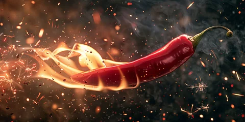 Fotobehang red chili pepper with fire and sparks flying around it, generative AI © VALUEINVESTOR