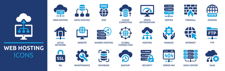 Fototapeta premium Web hosting icon set. Containing cloud computing, server, domain, firewall, internet, FTP, database, SSL, data hosting and more. Solid vector icons collection.