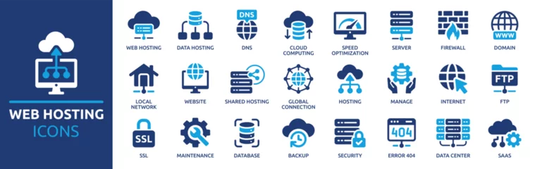 Fototapeten Web hosting icon set. Containing cloud computing, server, domain, firewall, internet, FTP, database, SSL, data hosting and more. Solid vector icons collection. © Icons-Studio